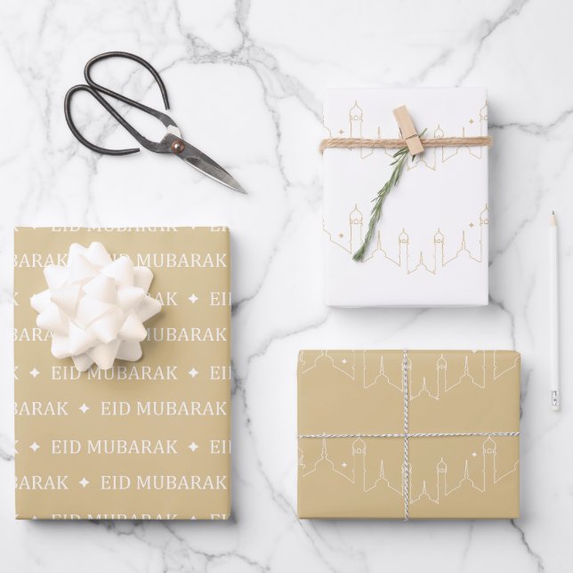 Gold Beige Eid Mubarak Masjid Pattern Design Wrapping Paper Sheets (Front)