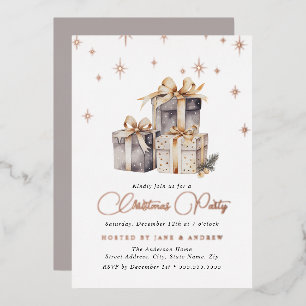 Gold Beige Grey Festive Presents Christmas Foil Invitation