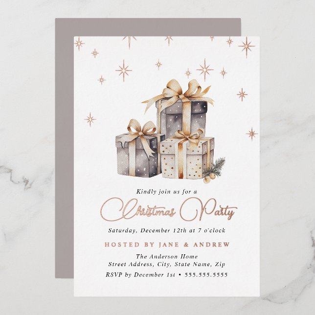 Gold Beige Grey Festive Presents Christmas  Foil Invitation (Front/Back)