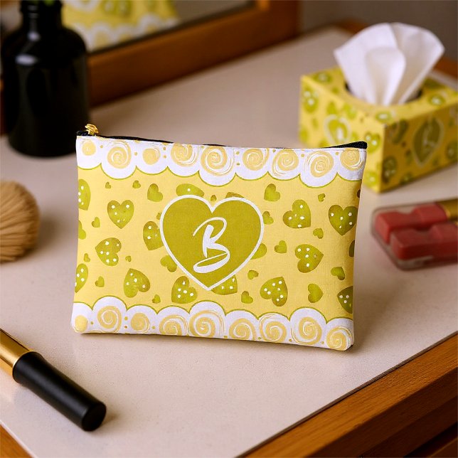 Gold Beige Hearts With Dots And Swirls Accessory Pouch (Gold and yellow custom little bag to store all those things you love to take with you everywhere.)