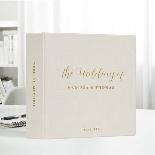 Gold Beige Linen Minimal Elegant Wedding Album 3 Ring Binder