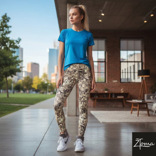 Gold Beige Metallic Shattered Glass Shard Pattern Leggings