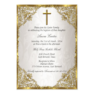 Gold Beige Pearl Damask Cross Baptism/Christening Card