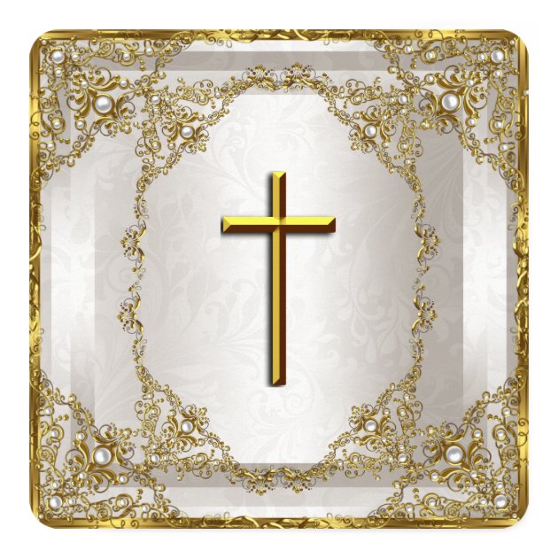 Gold Beige Pearl Damask Cross Baptism/Christening Invitation