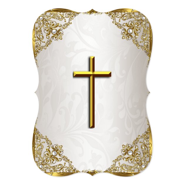 Gold Beige Pearl Damask Cross Baptism/Christening Invitation