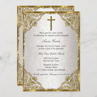 Gold Beige Pearl Damask Cross Baptism/Christening Invitation