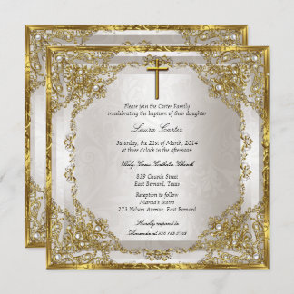 Gold Beige Pearl Damask Cross Baptism/Christening Invitation