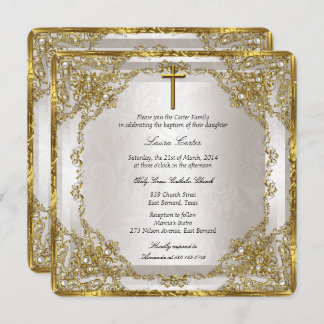 Gold Beige Pearl Damask Cross Baptism/Christening Invitation