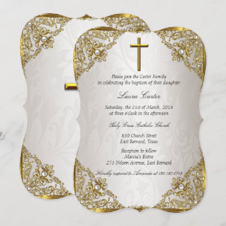 Gold Beige Pearl Damask Cross Baptism/Christening Invitation