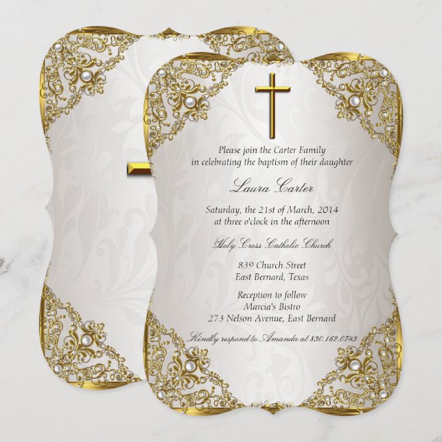 Gold Beige Pearl Damask Cross Baptism/Christening Invitation (Front/Back)