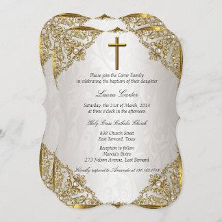 Gold Beige Pearl Damask Cross Baptism/Christening Invitation