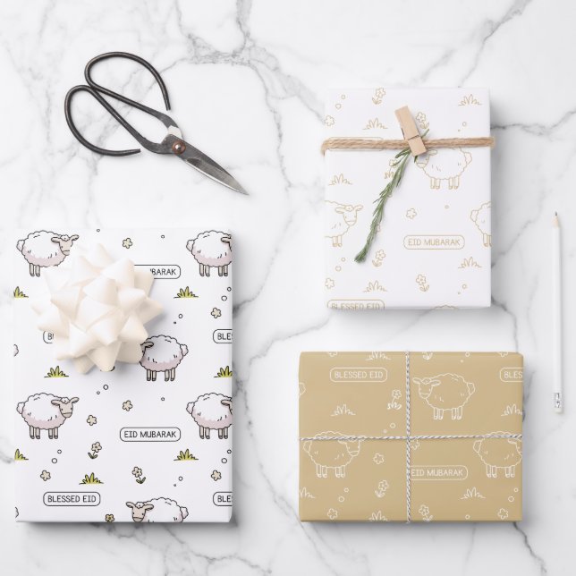 Gold Beige Sheep Eid Mubarak Kids Wrapping Paper Sheets (Front)