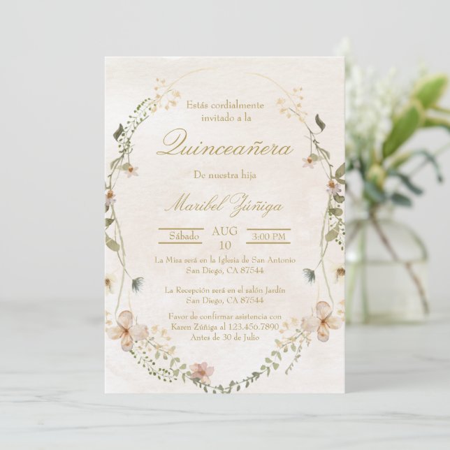Gold beige w/wreath Quinceanera invitation (Standing Front)
