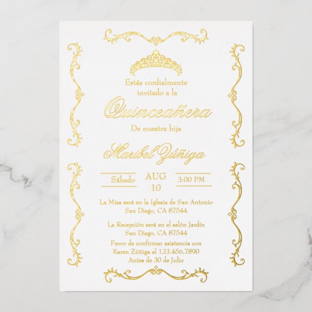Gold beige w/wreath Quinceanera invitation Foil In Foil Invitation (Front)