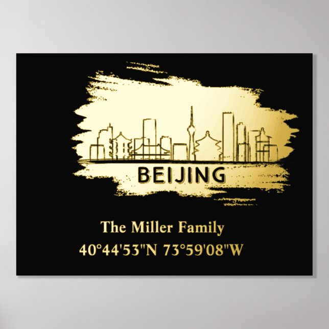 gold Beijing skyline longitude latitude  Foil Prints (Front)