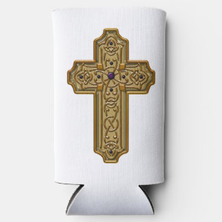 Gold Bejeweled Celtic Style Cross Seltzer Can Cooler