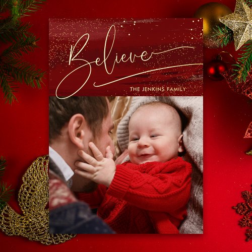 Gold Believe Calligraphy Sparkles Photo _ Red BG Foil Holiday Card