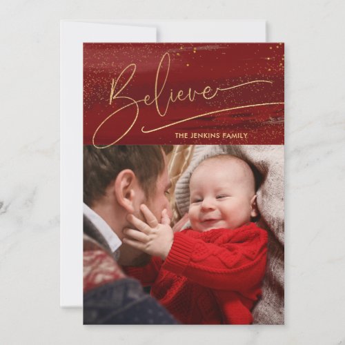 Gold Believe Calligraphy Sparkles Photo _ Red BG Holiday Card