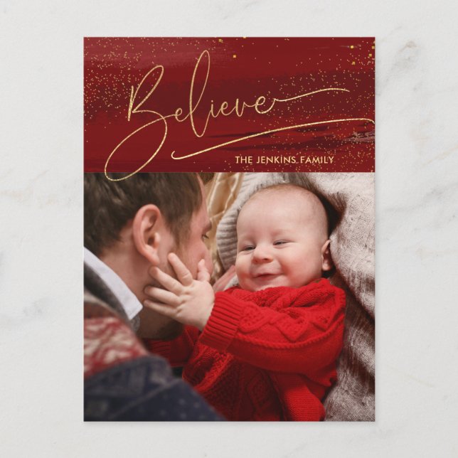 Gold Believe Calligraphy, Sparkles Photo - Red BG Holiday Postcard (Front)