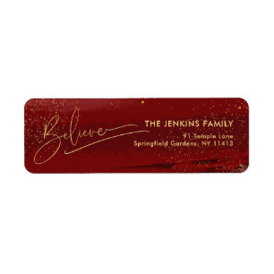 Gold Believe Calligraphy, Sparkles Photo - Red BG Label
