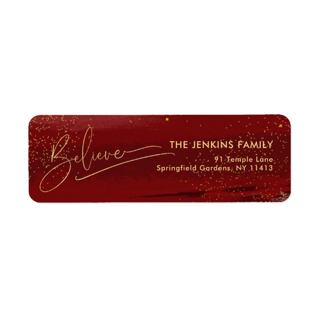 Gold Believe Calligraphy, Sparkles Photo - Red BG Label (Front)
