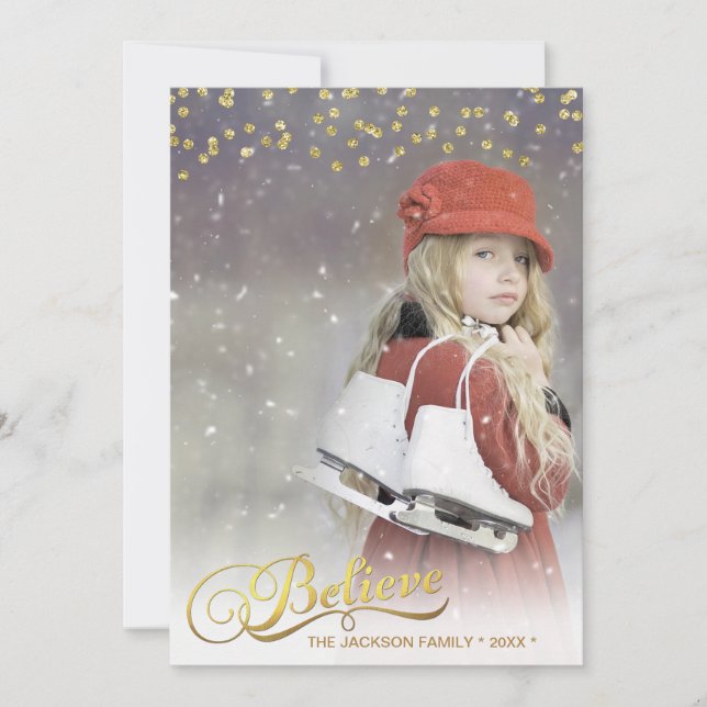 Gold BELIEVE Faux Glitter Confetti Holiday Photo Card (Front)
