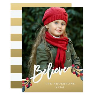 Gold Believe Hand Lettered Christams Holiday Photo Card