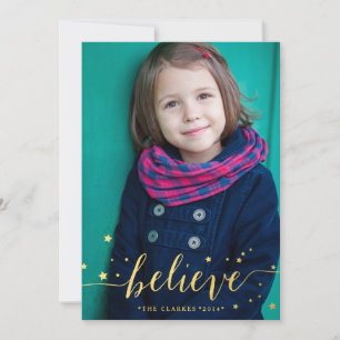 Gold Believe Handwriting   Holiday Photo Card