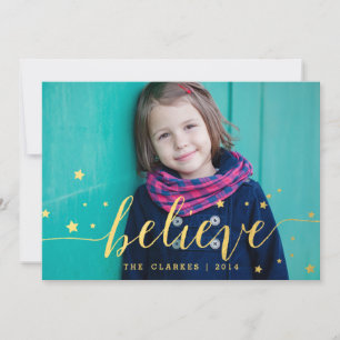 Gold Believe Handwriting   Holiday Photo Card
