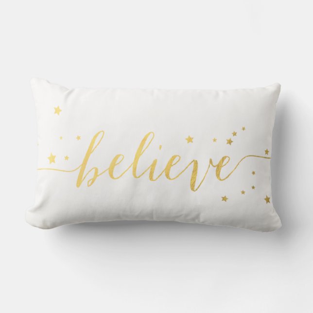 Gold Believe Handwriting | Holiday Throw Lumbar Pillow (Front)