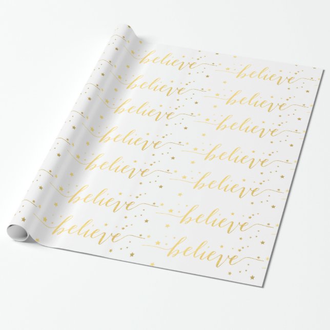 Gold Believe Handwriting | Holiday Wrapping Paper (Unrolled)