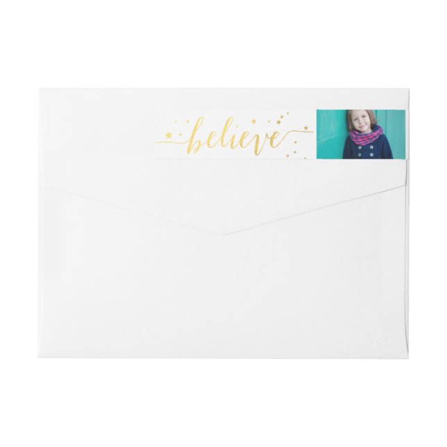 Gold Believe Handwriting Photo Return Address Wrap Around Label (Back)