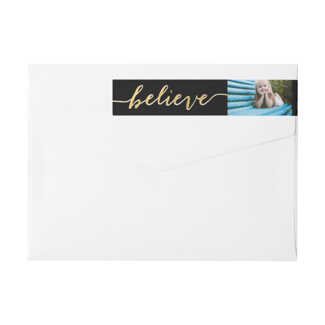 Gold Believe Holiday Photo Return Address Wrap Around Label (Back)