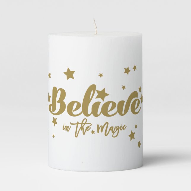 Gold Believe in the Magic Christmas Holiday Pillar Candle (Front)