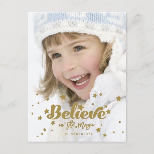 Gold Believe Magic Hand Lettered Holiday Photo Postcard