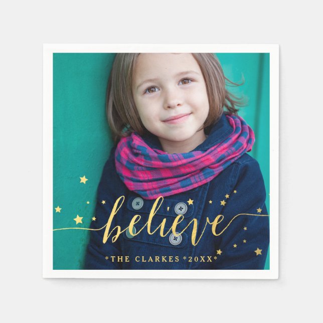 Gold Believe Script | Holiday Photo Paper Napkins (Front)