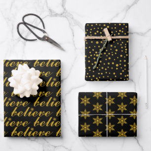 Gold believe, snowflake polka dots black Christmas Wrapping Paper Sheets