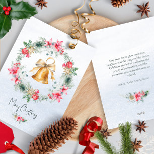 Gold Bell Snowflake Green Red Christmas Wreath Holiday Card