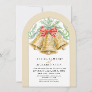 Gold bells bow watercolor arch Christmas Wedding Invitation