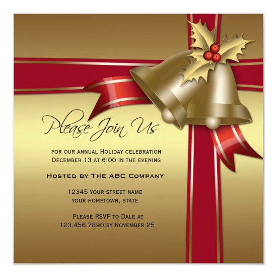 Gold Bells, Holly, Red Ribbon Corporate Party Card