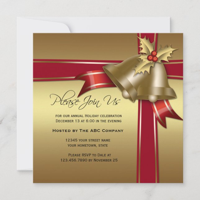 Gold Bells, Holly, Red Ribbon Corporate Party Invitation (Front)