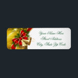 Gold Bells Merry Christmas Label<br><div class="desc">When sending out your greeting cards, wishing family and friends a happy holiday season, add these sparkly Gold Bells Merry Christmas labels, as a nice finishing touch. These labels have a gold sparkling star light and gold snowflake image, and a red, trimmed in gold bow, on green Christmas pine, with...</div>