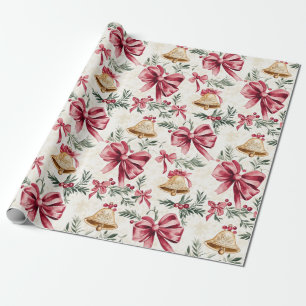 Gold Bells Pink Bows Christmas Wrapping Paper