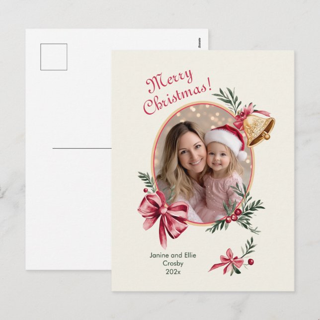 Gold Bells Pink Bows Photo Christmas Holiday Postcard (Front/Back)