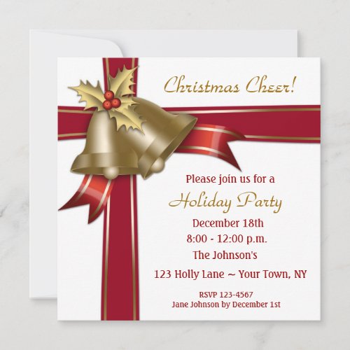 Gold Bells Red Bow Christmas Party Invitation
