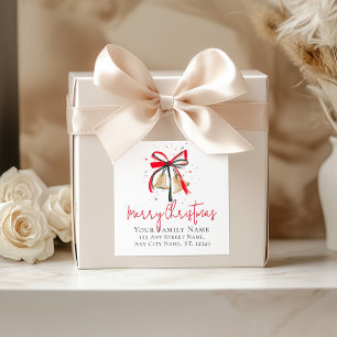 Gold Bells Red Bow, Merry Christmas Family Name Te Square Sticker
