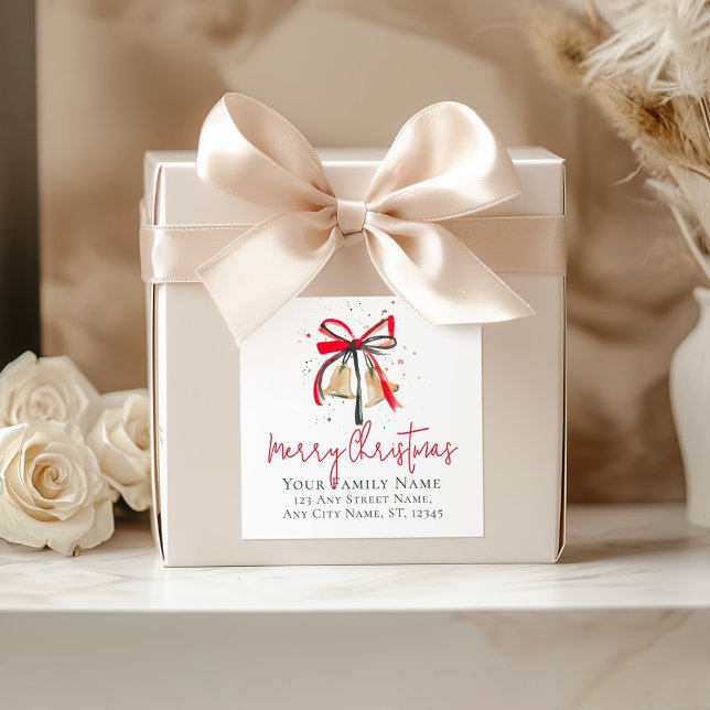 Gold Bells Red Bow, Merry Christmas Family Name Te Square Sticker (Creator Uploaded)