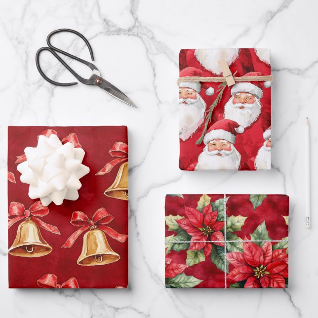 Gold Bells Santa Poinsettia Flowers Christmas Wrapping Paper Sheets (Front)