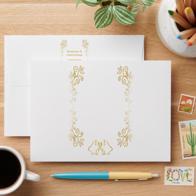 Gold Bells Scrollwork Design Wedding Envelope (Desk)