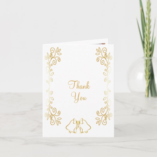 Gold Bells Scrollwork Design Wedding Letterpress Thank You Card (Front)
